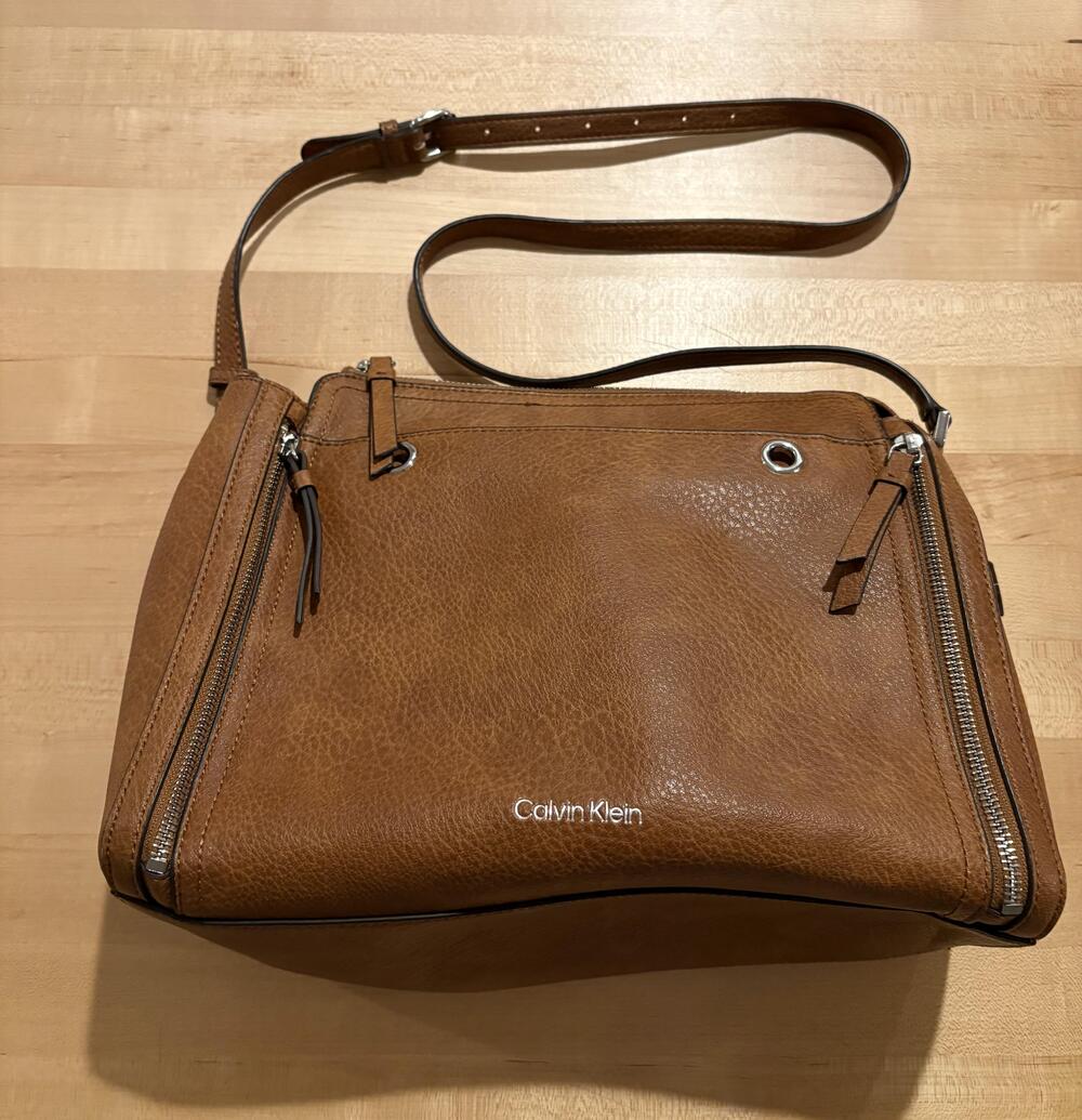Calvin Klein Brown Pebbled Shoulder Crossbody Bag Purse Zip Pockets Womens